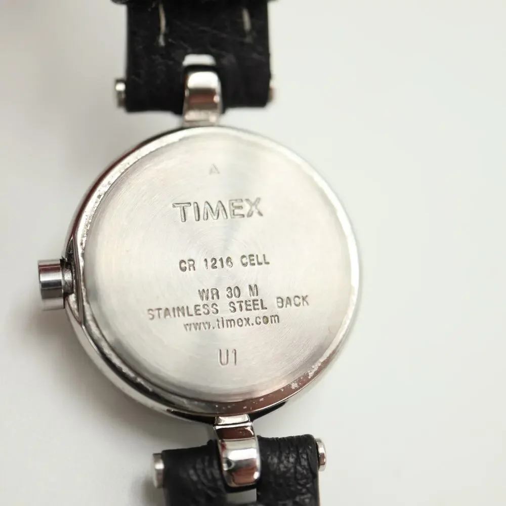 Timex Indiglo Petite 21mm Silver Tone Womens Watch Black Leather w New Battery